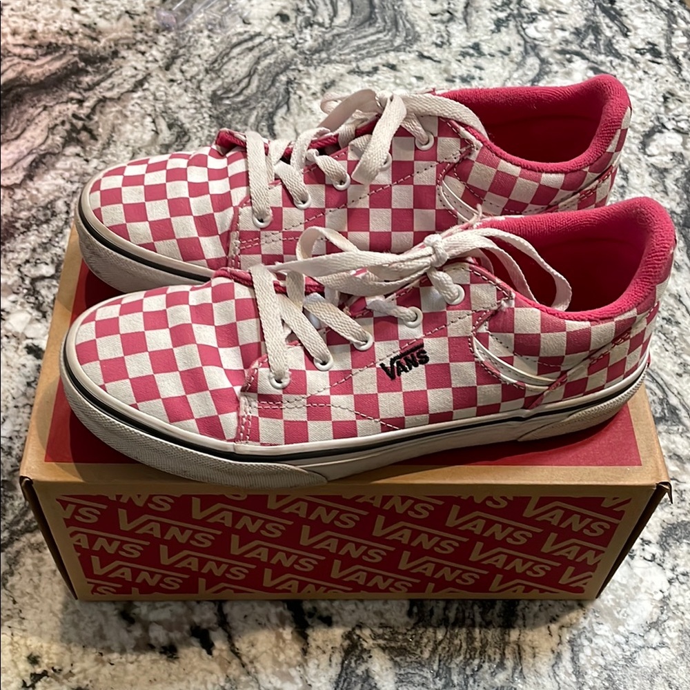 Vans Pink and White Checkered Sneakers girls size 5